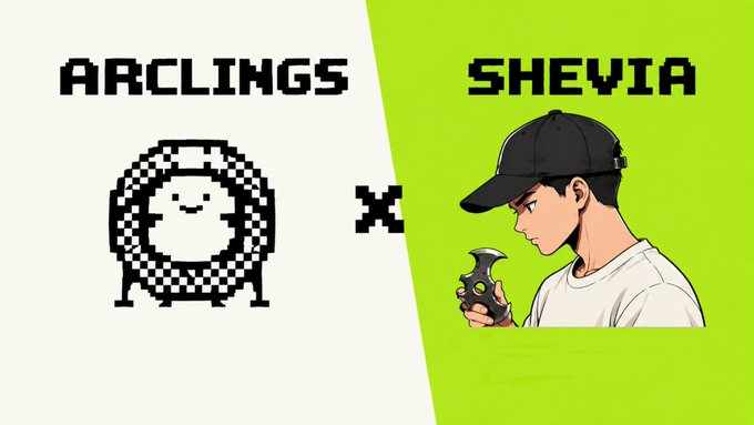 A split graphic featuring 'ARCLINGS' on the left with a pixelated donut character, and 'SHEVIA' on the right with an illustration of a young man holding a game controller, separated by an 'x'.