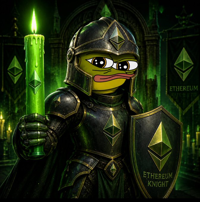 An illustration of a Pepe the Frog character dressed as an 'ETHEREUM KNIGHT', wearing dark armor, a helmet, a green shield with the Ethereum logo, and holding a green candle.