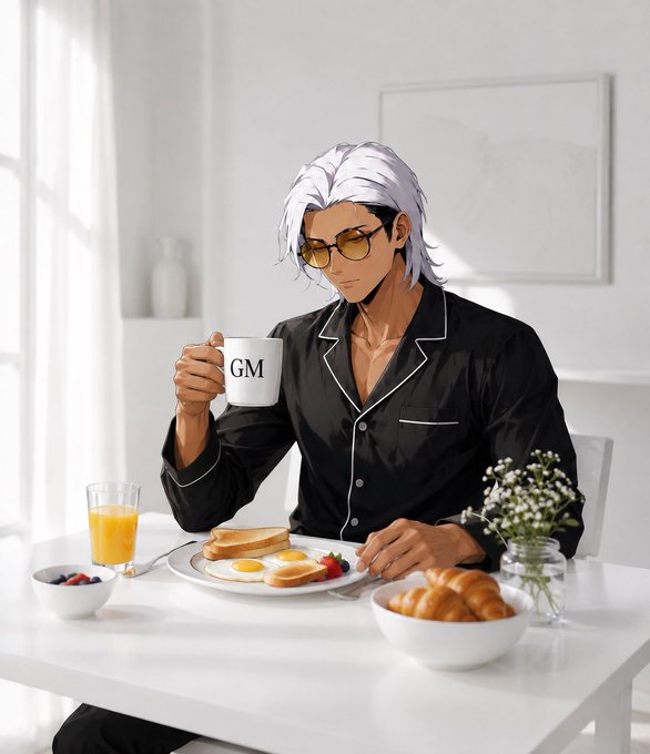 An anime-style illustration of a white-haired man with glasses in black pajamas holding a 'GM' mug at a breakfast table with eggs, toast, and orange juice.