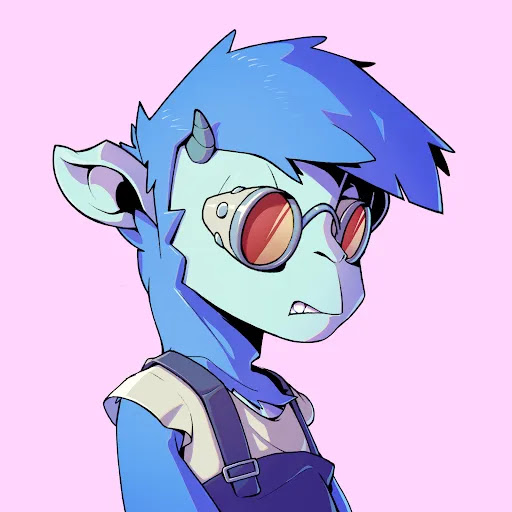 A blue-skinned cartoon character with pointed ears, spiky blue hair, and red-tinted goggles wears blue overalls against a pink background. The illustration appears to be a whimsical character design that could represent a stylized goat mascot, playfully tying into the post's suggestion to follow a Solana-based goat-themed account.