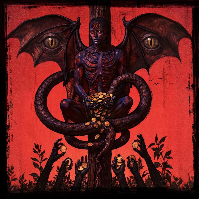 A dark surreal illustration with a deep red background depicting a winged demonic humanoid figure with bat-like wings featuring large reptilian eyes, sitting cross-legged and holding gold coins while wrapped by tentacles, with shadowy hands reaching up from below to grasp more coins.