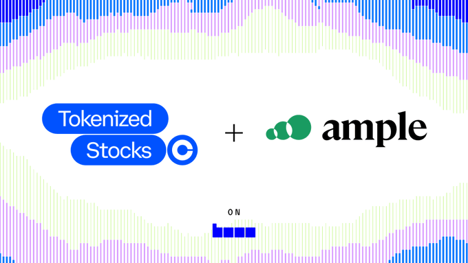 A graphic displaying 'Tokenized Stocks' and 'ample' logos with a plus sign between them, set against a colorful pixelated background.
