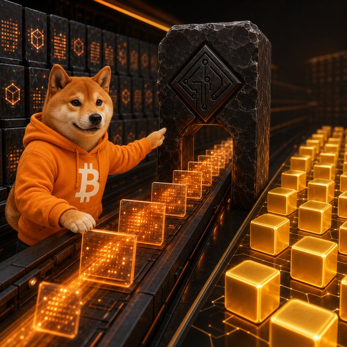 A Shiba Inu dog wearing an orange Bitcoin hoodie points at a conveyor belt of glowing digital cubes next to rows of gold blocks, with a large stone-like structure bearing a circuit emblem in the background.