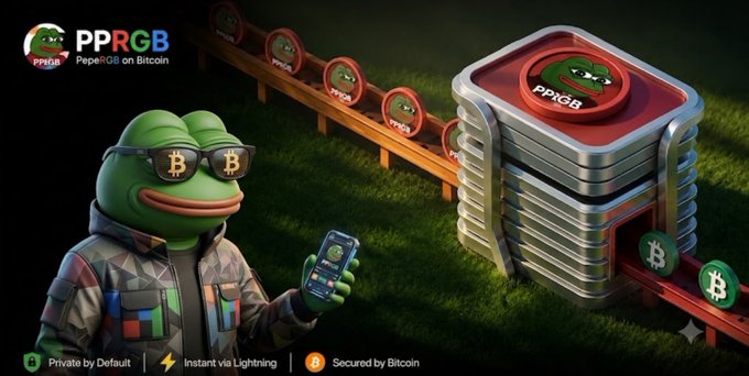 A promotional image for PPRGB (PepeRGB on Bitcoin) featuring a Pepe the Frog character wearing Bitcoin sunglasses and holding a phone, next to a futuristic vending machine dispensing Bitcoin-branded tokens, with tags reading 'Private by Default,' 'Instant via Lightning,' and 'Secured by Bitcoin.'