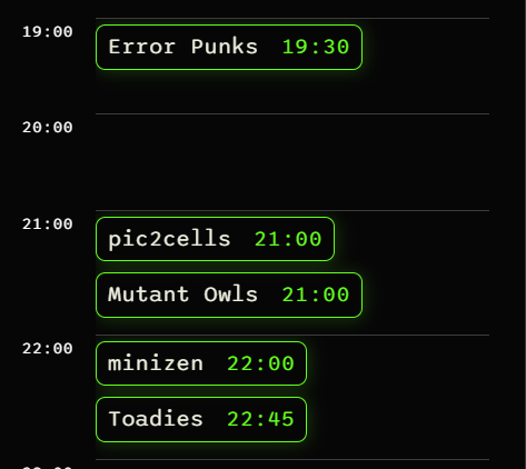 The image shows a black screen displaying a list of times for different events or activities throughout the week. The times are represented by green numbers with white text, indicating that they are in 24-hour format. There are four main events listed on the screen: "Errors", "Punks", "Toadies", and "Mint". Each event has a corresponding time displayed below it. The image also includes some text about the post, which reads: "gm everyone, new week means new mints and new chances last week was honestly pretty boring for most mint projects only Troll really cooked, so let's see if this week gives us something better".