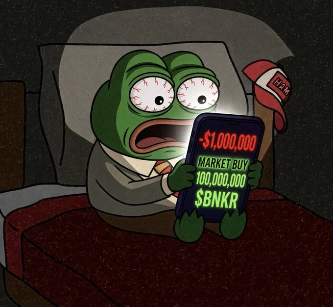 A cartoon illustration of the Pepe the Frog character sitting on a bed with bloodshot eyes, holding a phone displaying '-$1,000,000 MARKET BUY 100,000,000 $BNKR'.