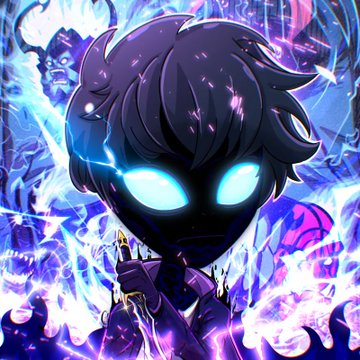 Anime-style digital art of a dark-haired character with glowing blue eyes, surrounded by purple and blue magical energy and a ghostly skull figure in the background.