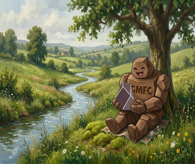 An illustrated scene of a stone golem character holding a purple envelope with 'GMFC' written on its chest, sitting peacefully under a tree by a stream in a pastoral landscape.