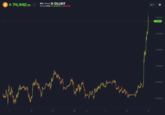 The image shows a Bitcoin (BTC) candlestick chart on a 1-hour timeframe, with the current price at $74,442.35, displaying a sharp vertical rally at the right edge of the chart that breaks above the $75,000 mark. This dramatic price surge visually reinforces the post's claim that a long-awaited crypto bull run is finally arriving, suggesting that holders who endured the sideways consolidation seen throughout the chart are now being rewarded with a breakout to new highs.