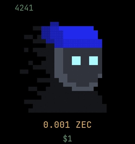 A pixel art zombie-like character with glowing cyan eyes and a blue cap on a black background, labeled '4241' at the top and priced at '0.001 ZEC ($1)' at the bottom.