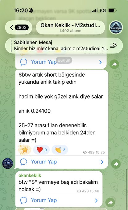 A Turkish Telegram group chat screenshot from "Okan Keklik - M2studi..." (1,492 members) showing discussion about $btw reaching 0.24100 with views of 499 at 15:25, directly referencing the instant price movement mentioned in the caption.
