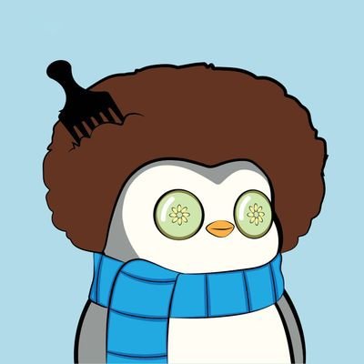 A cartoon penguin character with a large brown afro, a black hair pick stuck in the hair, green eyes with flower patterns, an orange beak, and a blue striped scarf.
