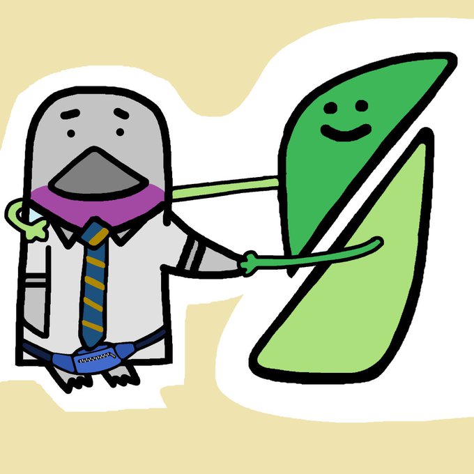A hand-drawn Microsoft Paint illustration shows a pigeon dressed as a businessman with a yellow and blue striped tie, holding hands with a smiling green leaf character. The cartoon, shared as part of a comic partnership announcement with Pear Protocol, depicts a cheerful avian protagonist ready to collaborate on future comics.