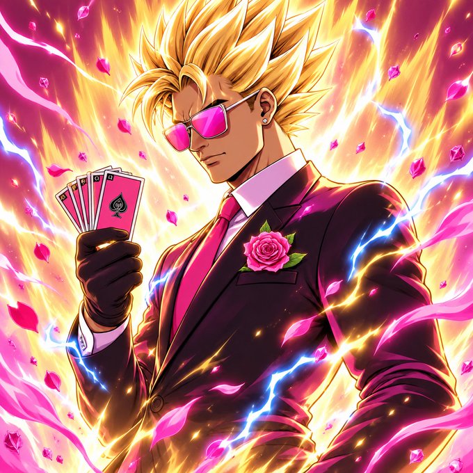 An anime-style illustration of a Super Saiyan character with spiky blonde hair wearing pink sunglasses, a black suit with a pink tie and rose boutonniere, holding playing cards against a dramatic background of flames and rose petals.