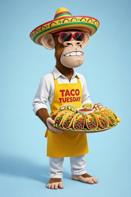 A cartoon monkey dressed in a sombrero and heart-shaped sunglasses holds a platter of tacos while wearing a yellow apron that reads "TACO TUESDAY." The festive taco imagery humorously contrasts with the post's warning about the market "getting cooked," playing on the taco theme while referencing bearish market losses.
