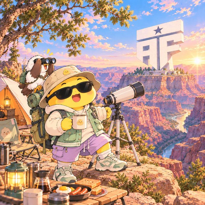 An anime-style illustration of a smiling yellow emoji-like character wearing sunglasses, a bucket hat, and outdoor gear, using a telescope at a campsite with a large "GF" logo in the background.
