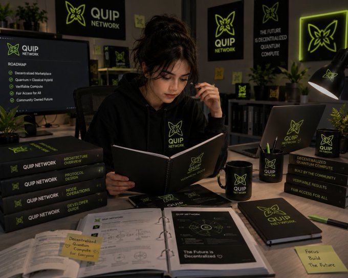 A woman in a branded "QUIP NETWORK" hoodie studies documentation at a desk surrounded by project books, with a monitor displaying a "ROADMAP" listing Decentralized Marketplace, Quantum + Classical Hybrid, and Verifiable Compute, alongside wall banners declaring "THE FUTURE IS DECENTRALIZED QUANTUM COMPUTE." The image visually echoes the post's theme of diving deep into Quip Network's roadmap materials, with sticky notes reading "Focus Build The Future" and "Decentralized Quantum Compute for Everyone" reinforcing the community's decentralized, future-focused mindset.