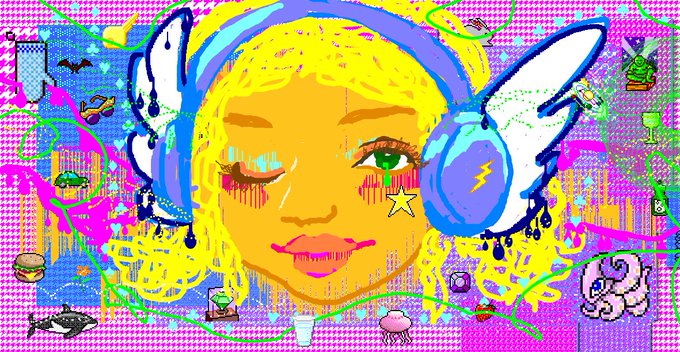 A pixel-art style illustration of a yellow-skinned female character with blonde hair and blue headphones, surrounded by surreal elements including a brain, ghost, and slime.