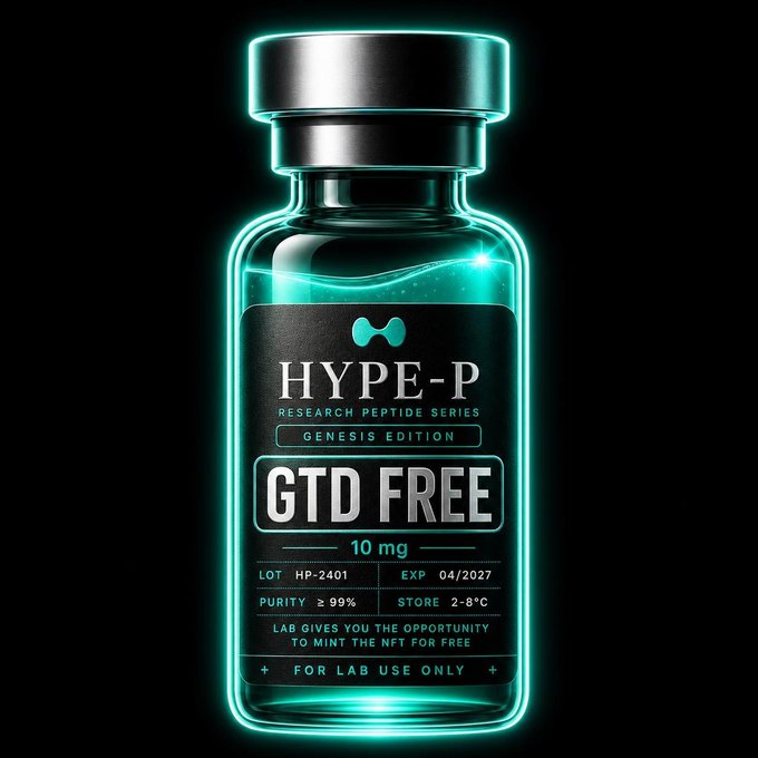 A glowing cyan vial labeled "HYPE-P Research Peptide Series - Genesis Edition - GTD FREE - 10 mg" advertises a giveaway of two GTD spots, inviting participants to follow the tagged accounts and submit their EVM address for a chance to win.