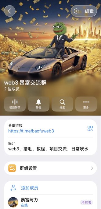 A Telegram group invite screen for 'web3暴富交流群' (web3 get-rich-quick discussion group) with 2 members, featuring a Pepe the Frog mascot in a suit next to a Lamborghini with money raining down, and a share link t.me/baofuweb3.