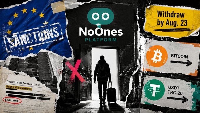 A promotional graphic for the NoOnes Platform featuring a person walking through a doorway with a suitcase, surrounded by torn-paper style labels reading 'SANCTIONS', 'Withdraw by Aug. 23', 'BITCOIN', and 'USDT TRC-20'.