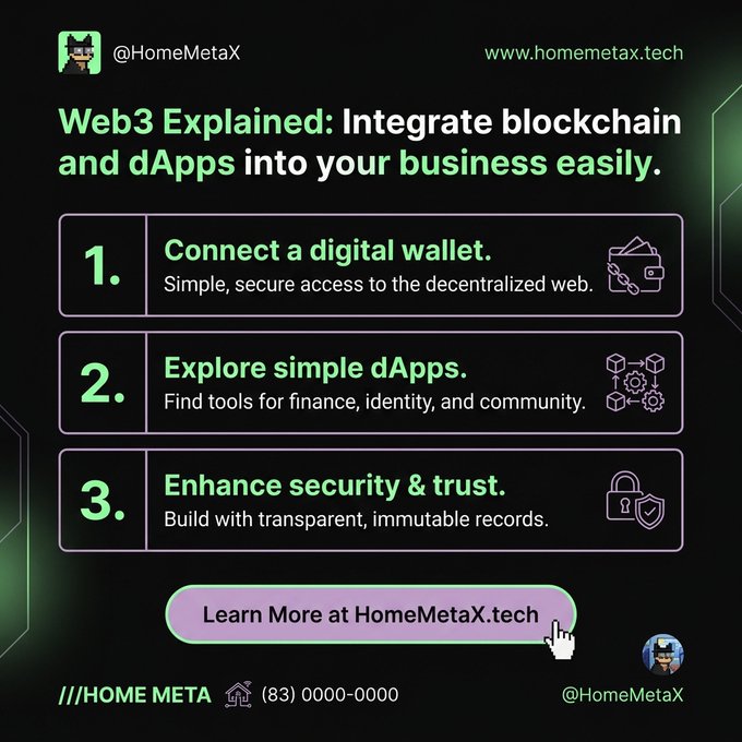 A promotional graphic from @HomeMetaX explaining Web3 integration with three steps: '1. Connect a digital wallet', '2. Explore simple dApps', and '3. Enhance security & trust', directing viewers to HomeMetaX.tech.