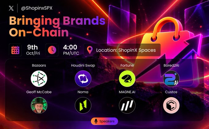 A vibrant "Bringing Brands On-Chain" promotional graphic for a @ShopinxSPX Twitter Space scheduled for October 9th at 4:00 PM/UTC at ShopinX Spaces, featuring speakers including Bazaars, Houdini Swap, Fortune, Bored2AI, Geoff McCabe, Noma, MAGNE.AI, and Custos—visually reinforcing the post's focus on the legal and operational hurdles brands face when launching their first blockchain-based retail pilot.
