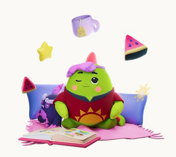 A cute green 3D cartoon character with purple hair sits on a pink blanket with a purple unicorn plushie, surrounded by floating watermelon slices, a tea cup, and a star above an open book.