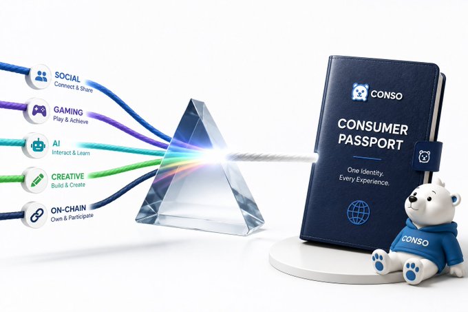 A promotional image for 'CONSO Consumer Passport' showing a prism splitting colored light into labeled cables for Social, Gaming, AI, Creative, and On-Chain, alongside a small bear mascot.