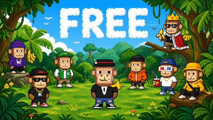 A pixel-art jungle scene displays the word "FREE" prominently in the sky above seven cartoon monkey characters ("Kongz") wearing various streetwear outfits, with one crowned monkey perched on a tree branch holding a banana. The image promotes a free NFT mint with a supply of 2,222 on the Robinhood App chain, featuring the pixelated "Kongz" characters as the collection's mascots.