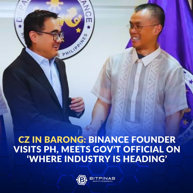 BitPinas news graphic titled 'CZ IN BARONG: BINANCE FOUNDER VISITS PH, MEETS GOV'T OFFICIAL ON WHERE INDUSTRY IS HEADING', showing Changpeng Zhao shaking hands with a Filipino official in a Department of Finance setting.