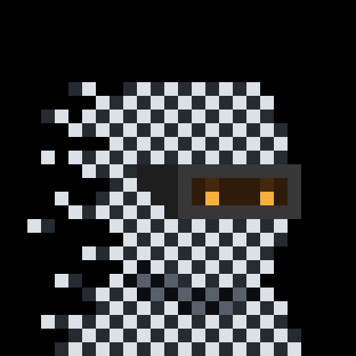 Pixel art character resembling a glitched or corrupted figure with a black and white checkered body pattern and a black rectangular face containing two glowing yellow-orange eyes.