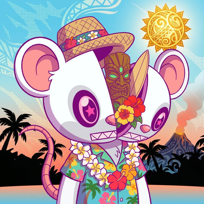 A cartoon white mouse wearing a straw hat, tropical Hawaiian shirt, and floral lei smiles with a tiki mask emerging from its face, set against a sunny beach backdrop with a volcano and sun motif. The vibrant tropical artwork serves as a final sneak peek for the upcoming "Kludz Mint" day, promoting the NFT collection's launch on OpenSea.