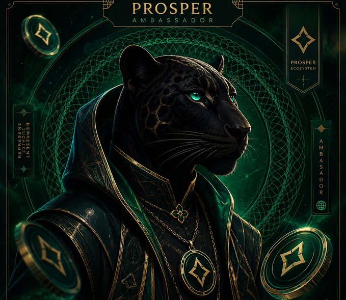 Digital artwork of a black panther with glowing green eyes wearing ornate dark robes, surrounded by floating golden coins and text reading 'PROSPER AMBASSADOR' and 'PROSPER ECOSYSTEM'.
