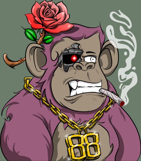 A cartoon purple gorilla with a cyberpunk cybernetic eye, gold "88" chain necklace, and a rose on its head smokes a blunt, representing the $RLBZ "Roll Bones" gacha promotion where players spin for 20 APE to win ApeChain NFTs.