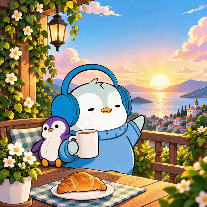 An illustration of a cute penguin character wearing blue headphones and holding a coffee mug, sitting next to a smaller purple penguin on a balcony with a croissant, overlooking a coastal sunset.