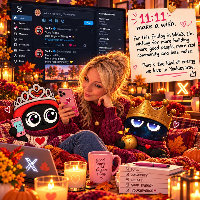 A promotional image features a woman looking at her phone surrounded by Youkieverse mascots, autumn decor, and a sign reading '11:11 make a wish' with mentions of Web3, building, and community.