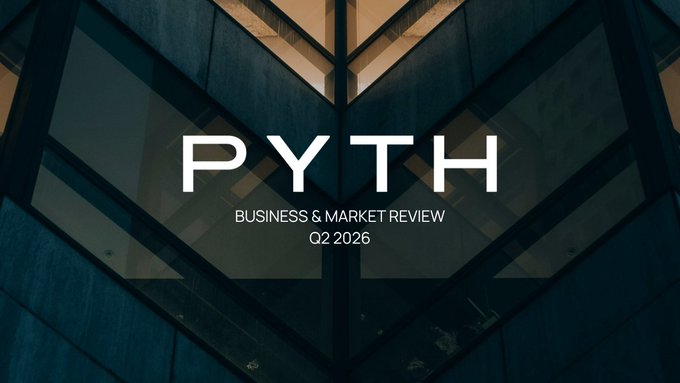 Title card reading 'PYTH BUSINESS & MARKET REVIEW Q2 2026' overlaid on a dark geometric architectural background.
