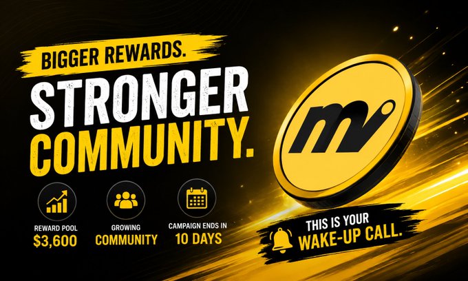 The image features a poster with a yellow circle containing a black "M" logo at its center. The background of the poster has a gradient effect, transitioning from dark to light shades. Below the logo, there are three icons representing different aspects of community engagement, such as a person, a calendar, and a bell icon. The text on the poster reads: "Bigger rewards. Stronger community."