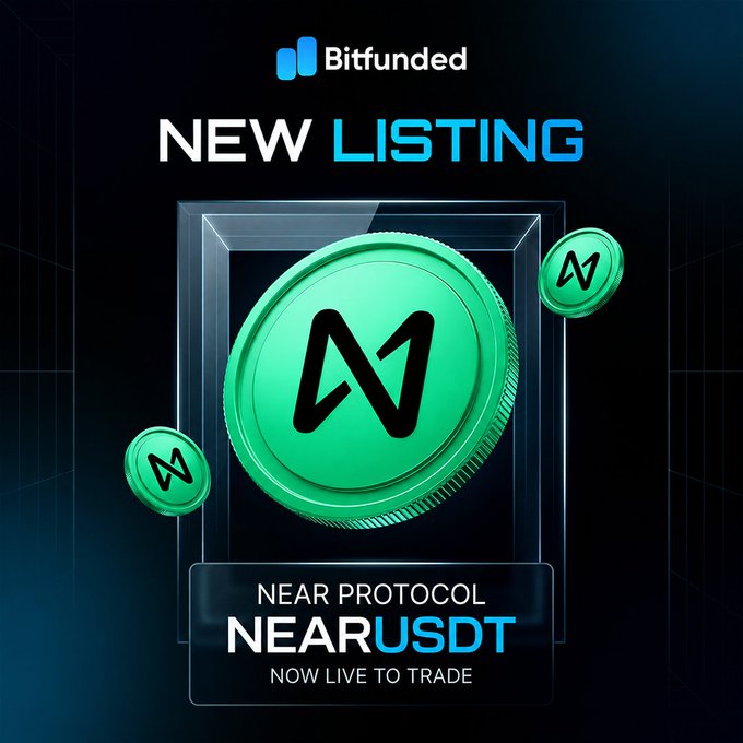 Bitfunded announces a new NEAR/USDT listing, featuring a 3D green NEAR Protocol coin with the stylized "N" logo against a dark background, highlighting its availability for trading on the platform.