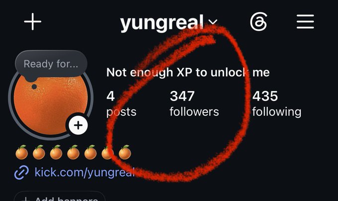 An Instagram profile for "yungreal" is circled in red, displaying the text "Not enough XP to unlock me" along with 4 posts, 347 followers, and 435 following. The image highlights the user's follower count milestone, tying into their goal of reaching 1,000 followers to give away $250 SOL.