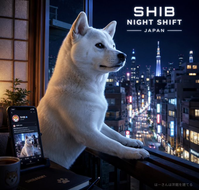 A white Shiba Inu stands by a window overlooking Tokyo's illuminated skyline at night, with a phone displaying the "SHIB" social media profile nearby, visually reinforcing the post's message about the SHIB community's global, around-the-clock reach across time zones.