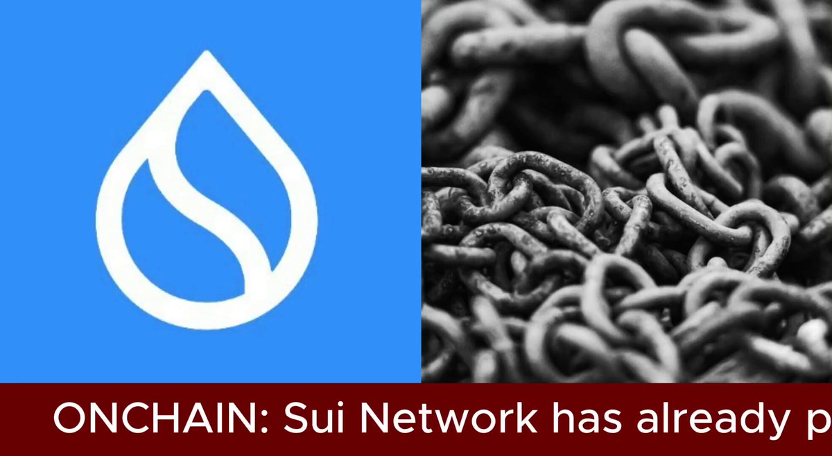 The image features a close-up view of a chain link fence with numerous chains attached to it. The text "Onchain: Sui Network has already p" is written below the image, which appears to be related to the content of the post about @SuiNetwork's onchain performance and recent downtime.