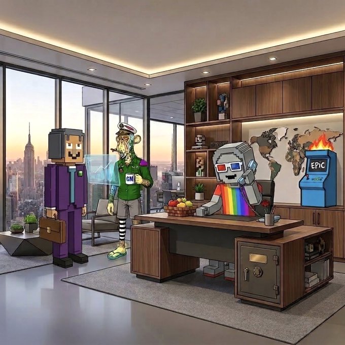 A digital illustration depicts a high-rise office where characters including a Minecraft-style figure in a purple suit and a 3D printer labeled 'EPIC' are present.
