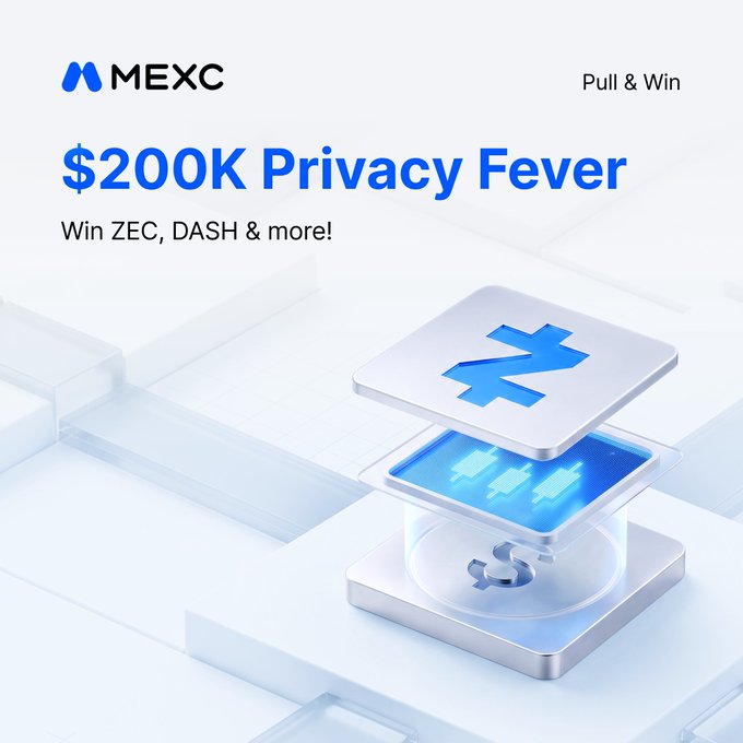 MEXC "Pull & Win" promotion banner advertising a "$200K Privacy Fever" giveaway featuring privacy-focused cryptocurrencies ZEC, DASH, and XMR, with a 3D illustration of a prize chest containing ZEC tokens, matching the post's details about zero-fee trading and rewards up to $1,000 in ZEC.