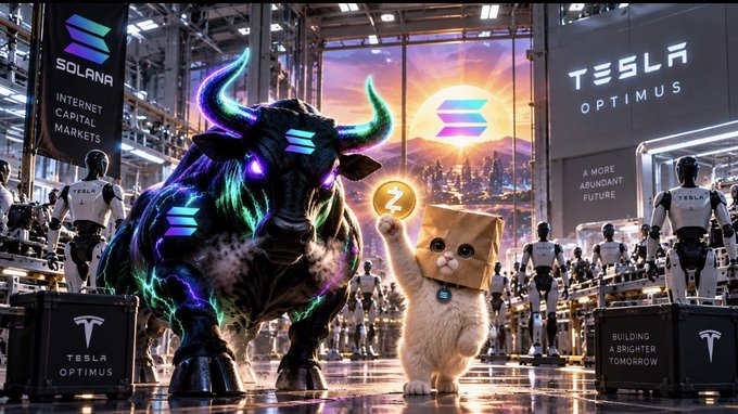 A glowing neon bull and a cat wearing a paper bag ("$ZCAT") with a Solana (SOL) coin stand together in a futuristic Tesla Optimus factory, with banners reading "Solana Internet Capital Markets" and "Tesla Optimus — A More Abundant Future / Building a Brighter Tomorrow," visually tying the bullish crypto memecoin sentiment of $SOL, $CURB, and $ZCAT to a futuristic, optimistic future.