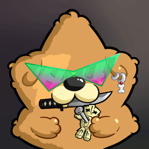 The image features a cartoon bear wearing sunglasses and holding a knife with a paper bag attached to its back. The bear appears to be holding onto the bag, which has a keychain attached to it. The background of the image is dark, making the bear stand out even more. The caption at the bottom of the image reads: "Esta belleza acaba de aterrizar en mi Wallet, gracias @OsitoLimaX por el obsequio, me gustó muchísimo! Estoy pensando en un nombre para él, alguna sugerencia? @KanstarWorld @Ronin_Network".
