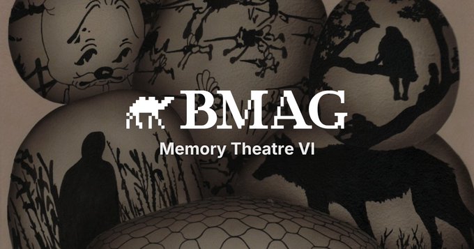 A bounty-winning artwork titled "Memory Theatre VI by Rupture" displayed over shadowy figurative illustrations and a turtle shell, with BMAG branding and pixel-art bison logo centered on the image.