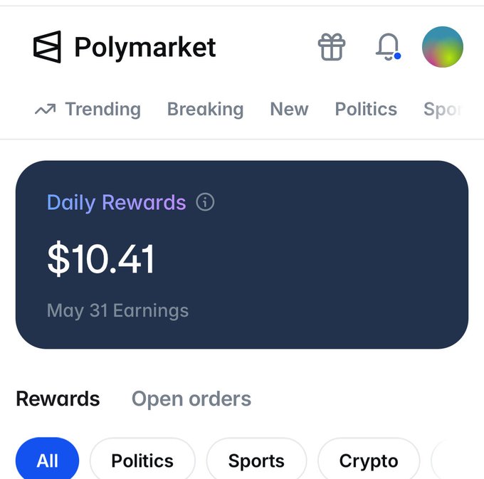 The image shows a screenshot from Polymarket with an open order at $10.41, which has been placed for May 31. There are several other items displayed next to the main order that provide context and details about the trading platform's features. The text in the image provides some hints or explanations related to the open order, such as what this is, how it was placed, when it was placed, its price, etc. This helps the viewer understand more about the trading process and offers a better insight into Polymarket's daily rewards system, which may provide users with daily financial gains based on their transactions on the platform.