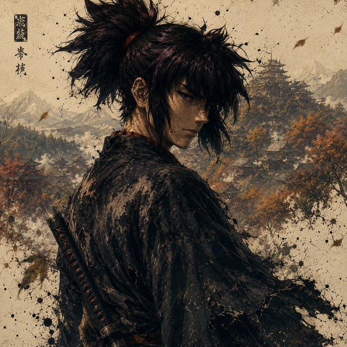 A dark, ink-splattered illustration depicts a fierce samurai with wild black hair tied back, clad in a tattered black robe, gazing over his shoulder with a katana at his side, set against a backdrop of misty mountains, autumn foliage, and a traditional Japanese castle. Japanese characters appear in the upper left corner, and the moody, legendary aesthetic aligns perfectly with a "gm legends" vibe, evoking the spirit of an ancient warrior greeting the dawn.